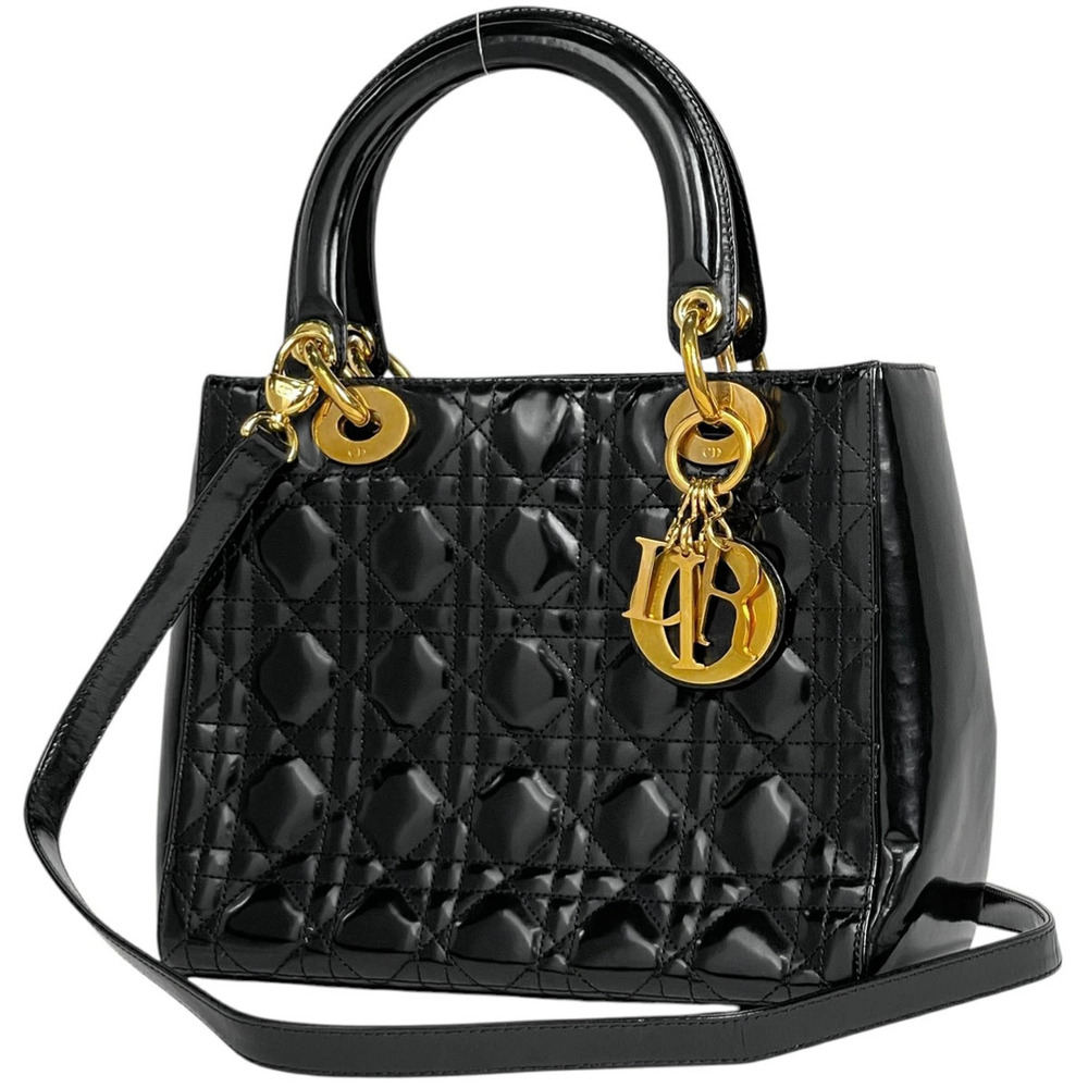 Christian Dior Lady Shoulder Bag Cannage Handbag Leather Black